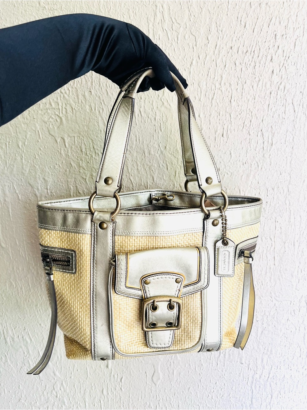 Vintage Coach Legacy Straw And Metallic Leather Satchel